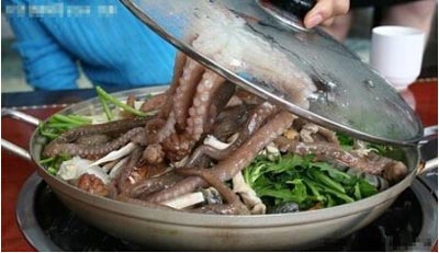 重口味食物：韩国活章鱼火锅