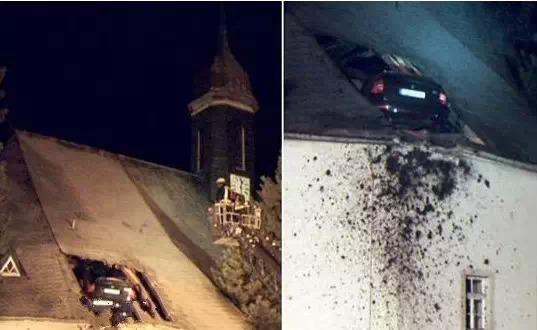 汽车落在附近一座7米高的教堂屋顶上